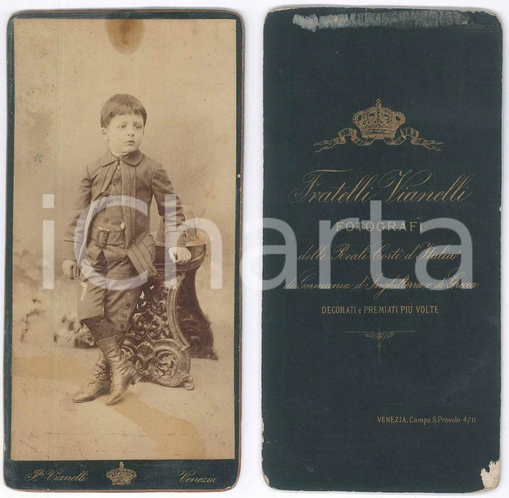 Fotografia d epoca originale 1880 ca VENEZIA Bambino in abito elegante  Foto Fratelli VIANELLI 8x18 cm 1