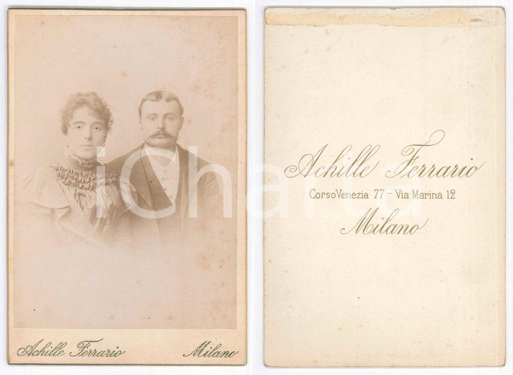 1900 ca MILANO Ritratto di una coppia di sposi - Foto A. FERRARIO 10x16 cm Fotografia d'epoca, su cartoncino rigido. FOTOGRAFO: Achille Ferrario - Milano, corso Venezia 77 GOOD/buono lievi fioriture Formato: 10x16 cm originale e autentica 1
