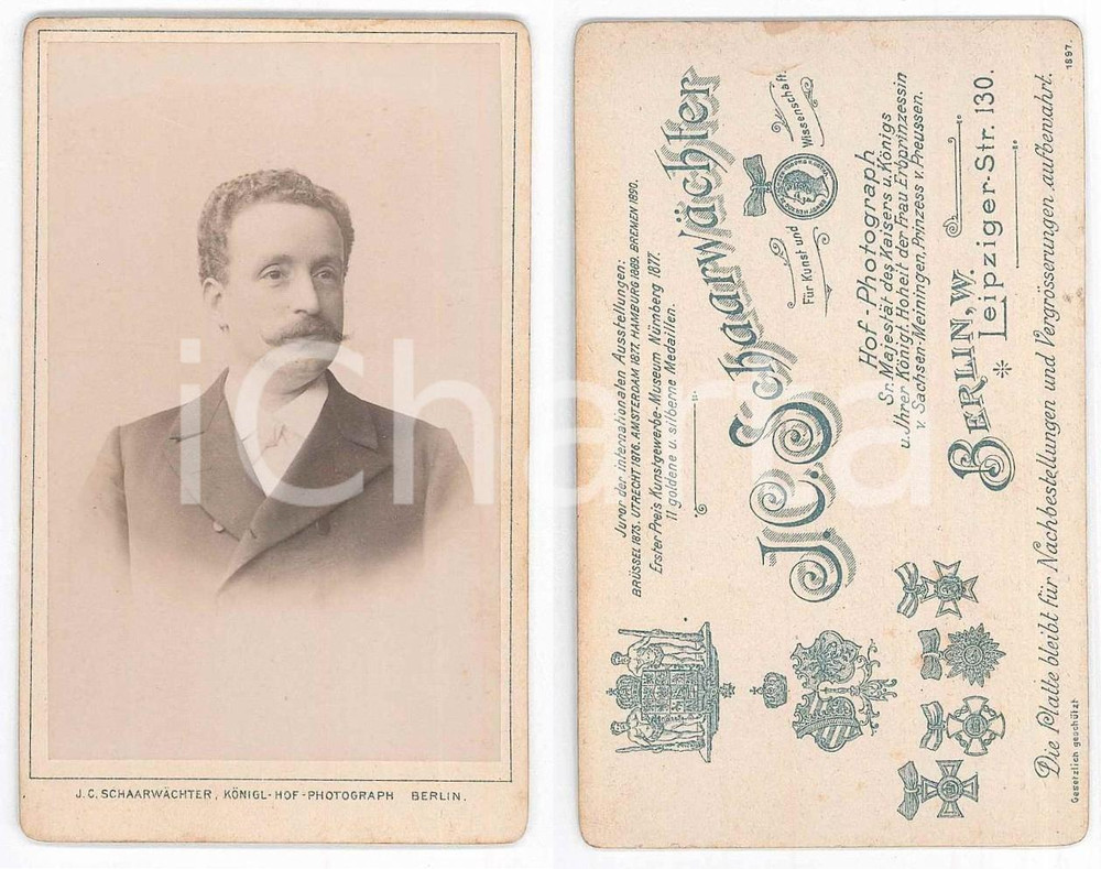 1900 ca BERLIN (GERMANY) Portrait of a man (2) *Photo J. C. SCHAARWACHTER CDV Fotografia originale d'epoca, su cartoncino rigido. GOOD/buono  Formato: 6x10 cm originale e autentica 1