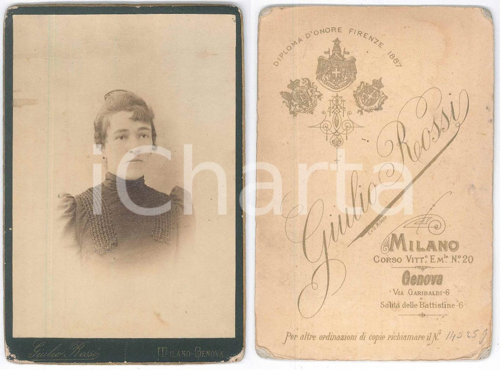 1890 ca MILANO Donna con abito ricamato - Ritratto - Foto Giulio ROSSI 11x16 cm Fotografia d'epoca, su cartoncino rigido. FOTOGRAFO: Giulio Rossi - Milano, corso Vittorio Emanuele 20 FAIR/discreto sbrecciature angolari Formato: 11x16 Cm originale e autentica 1