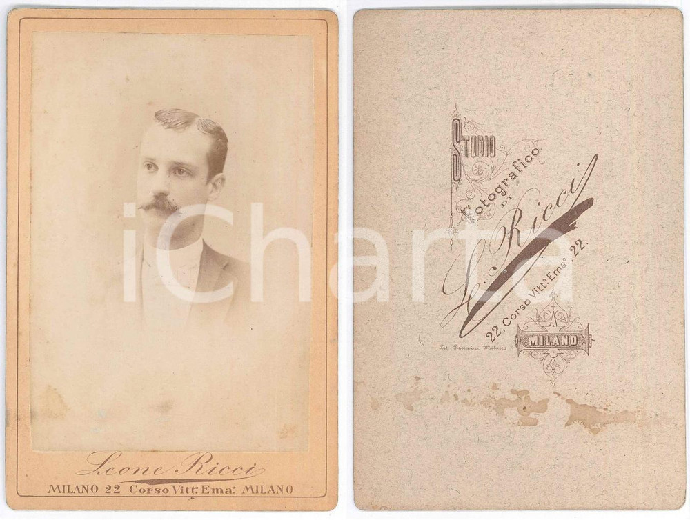 1900 ca MILANO Ritratto maschile con cravattino *Foto Leone RICCI 11x16 cm Fotografia d'epoca, montata su cartoncino rigido.FOTOGRAFO: Leone Ricci - Milano, corso Vittorio Emanuele 22 GOOD/buono  Formato: 11x16 cm originale e autentica 1
