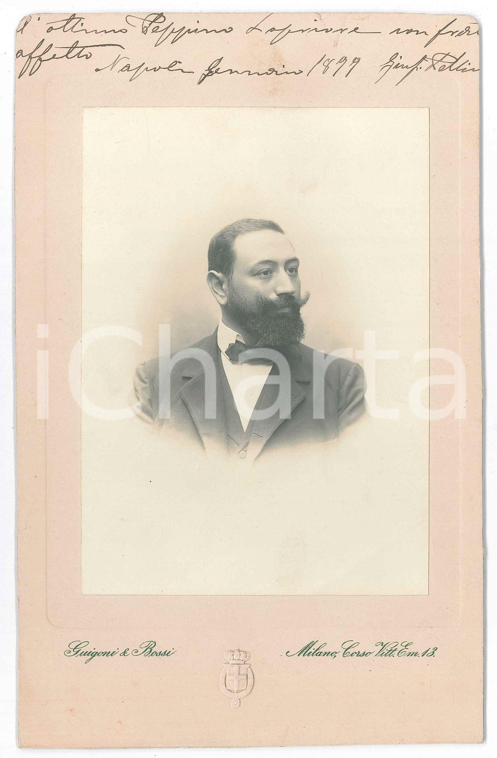 Fotografia d epoca originale 1899 MILANO Ritratto Giuseppe PELLINI con dedica Foto GUIGONI & BOSSI 13x21 cm 1