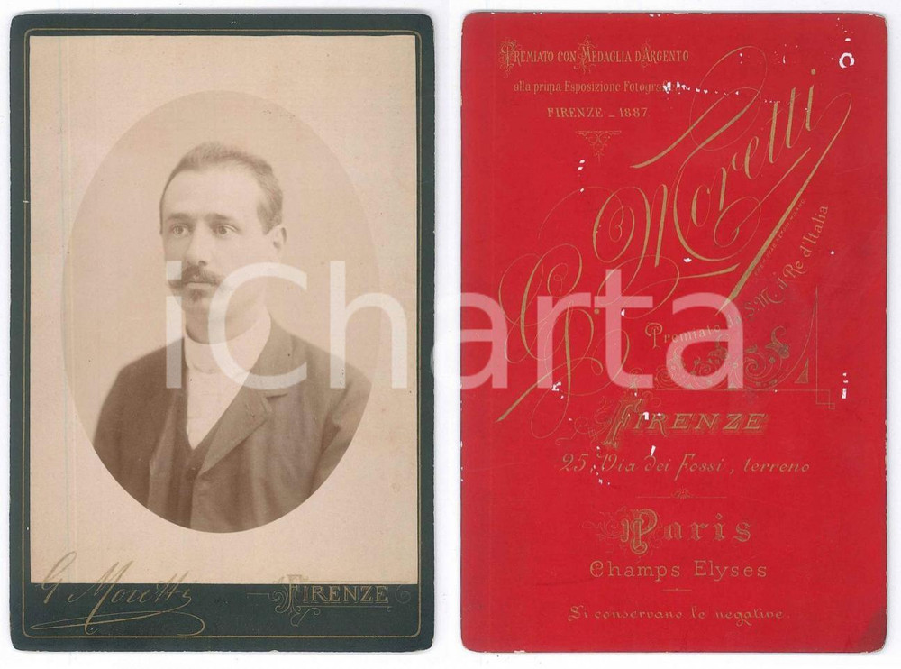 1890 ca FIRENZE Ritratto maschile - Fotografia Gaetano MORETTI 11x16 cm Fotografia d'epoca, montata su cartoncino rigido.FOTOGRAFO: Gaetano Moretti - Firenze, 25 via dei Fossi GOOD/buono  Formato: 11x16 cm originale e autentica 1