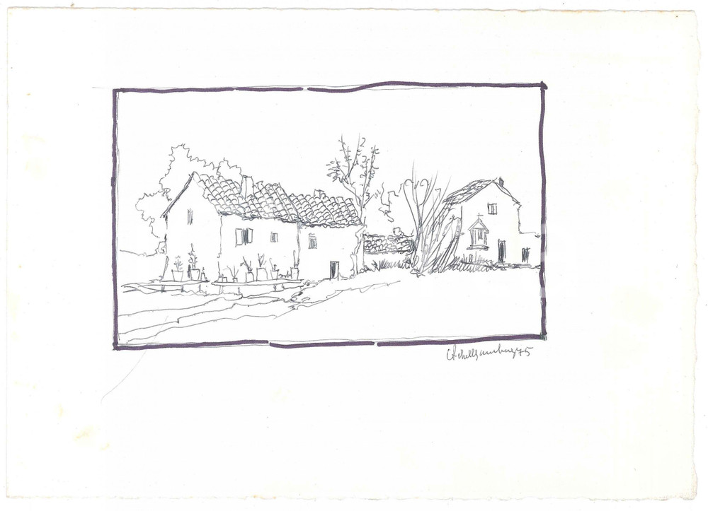 1975 Area di PADOVA Achille GAMBERINI - Cascine - Disegno 25x17 cm