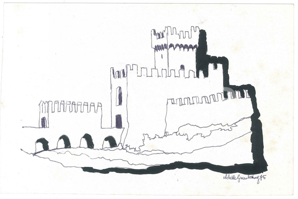 Opera d’arte autentica 1975 MONTAGNANA PD Achille GAMBERINI  La Rocca degli Alberi  Disegno 1