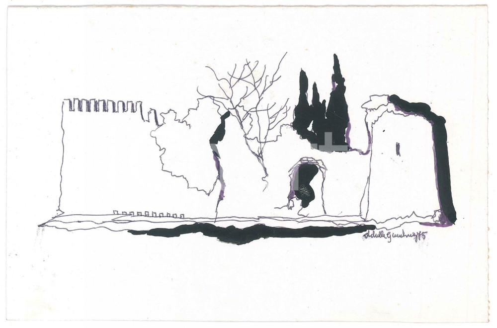 Opera d’arte autentica 1975 MONSELICE PD Achille GAMBERINI  Cinta muraria lato Padova  Disegno 1