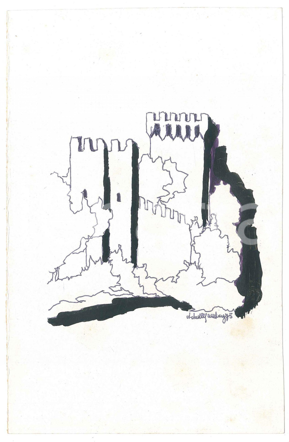 Opera d’arte autentica 1975 ESTE PD Achille GAMBERINI  Castello marchionale  Disegno 14x21 cm 1