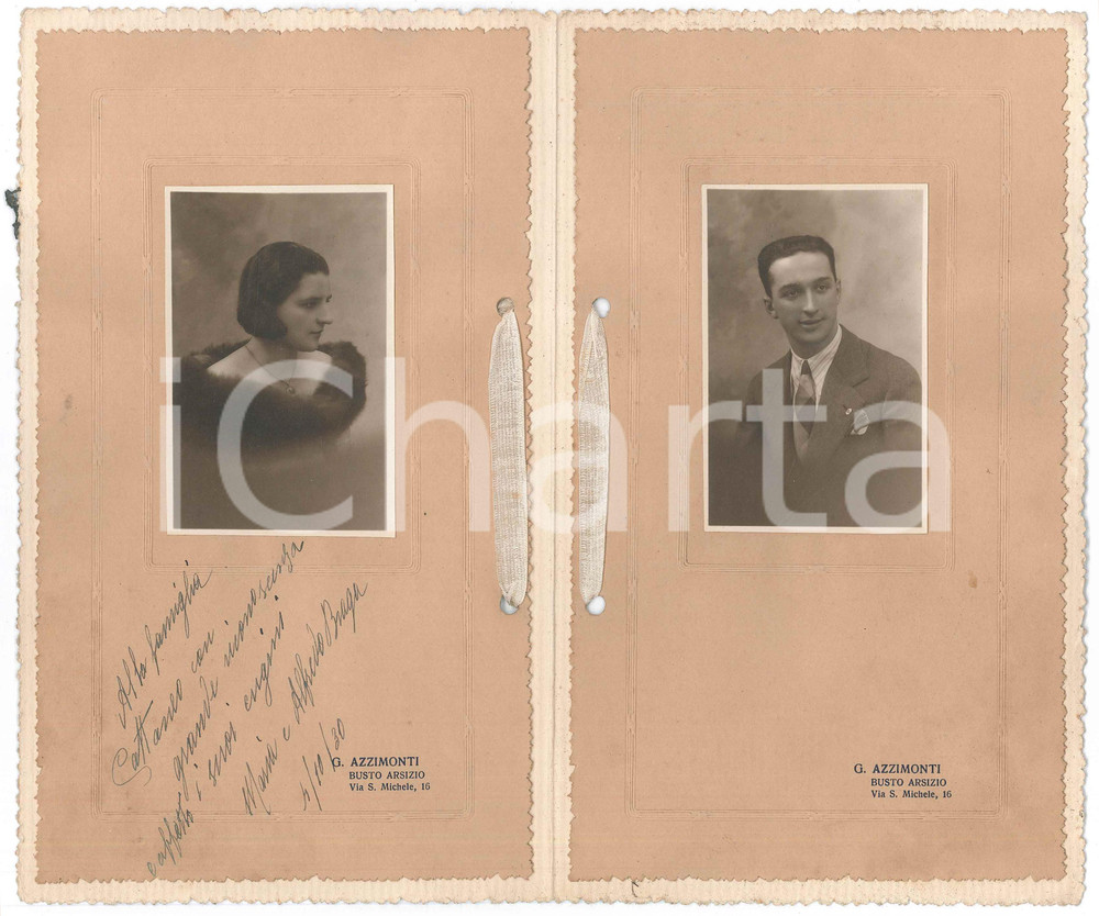 1930 BUSTO ARSIZIO Ritratto di Maria e Alfredo BRAGA *Foto G. AZZIMONTI Coppia di fotografie d'epoca, montate su cartoncino che si chiude a biglietto, con dedica. CONDIZIONI:FAIR/discreto bruniture al cartoncinoFORMATO: 14x23 cm (chiuso) originale e autentica 1