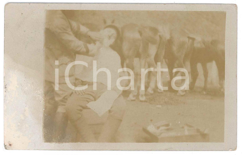 Fotografia d epoca originale 1916 WW1 ZONA DI GUERRA Ufficiale barbiere rasa un soldato  Foto 14x9 cm 1