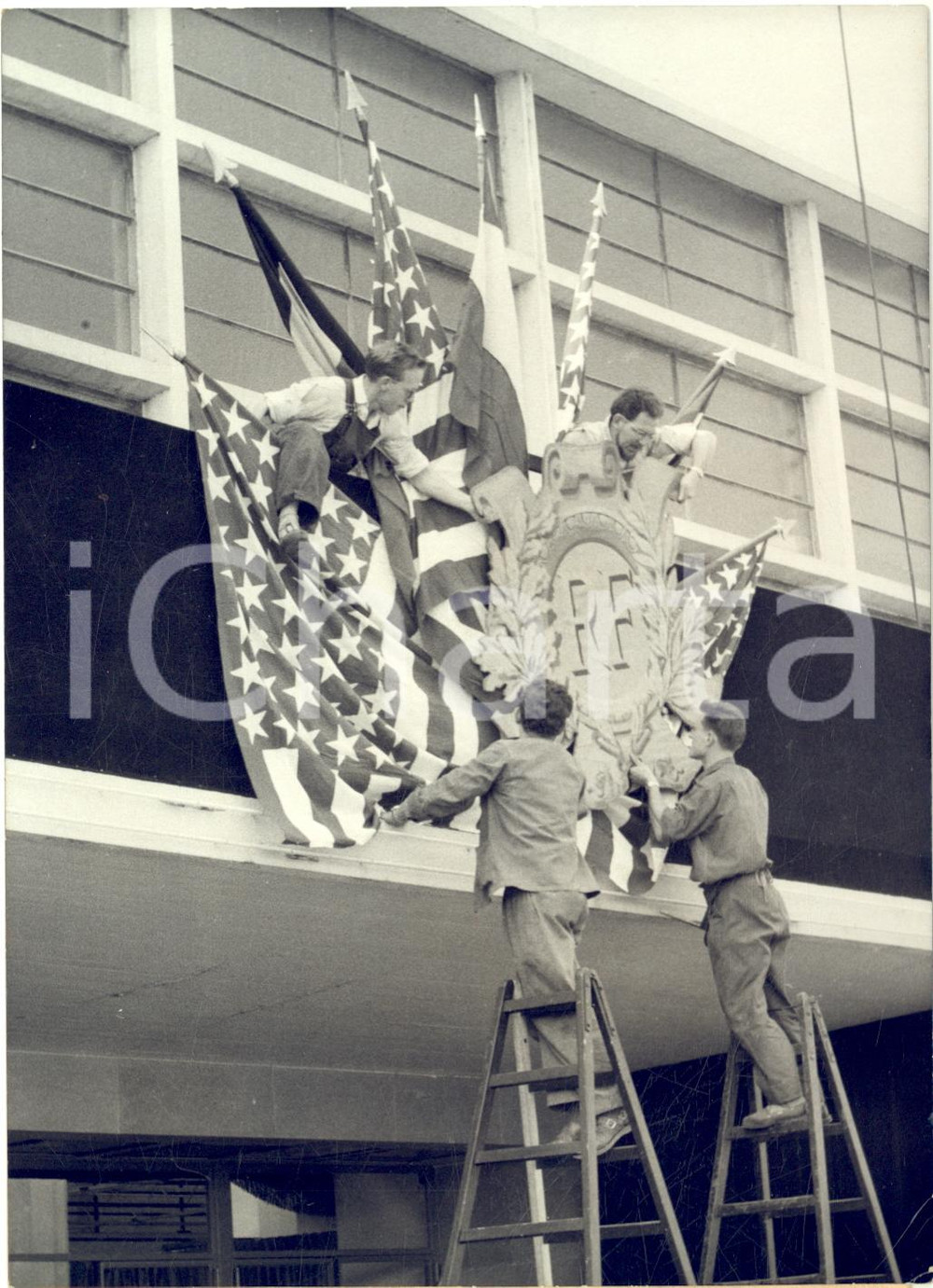 1959 PARIS BOURGET Bandiere USA per accoglienza a Dwight EISENHOWER *Foto 13x18