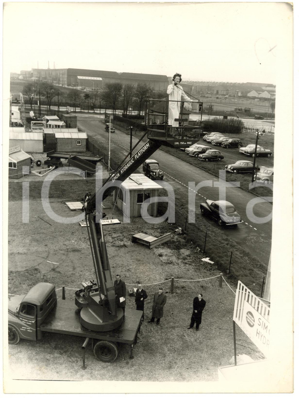 1955 BIRMINGHAM Preview of BIF - Wendy ADSHEAD testing Simon Hydraulic Platform