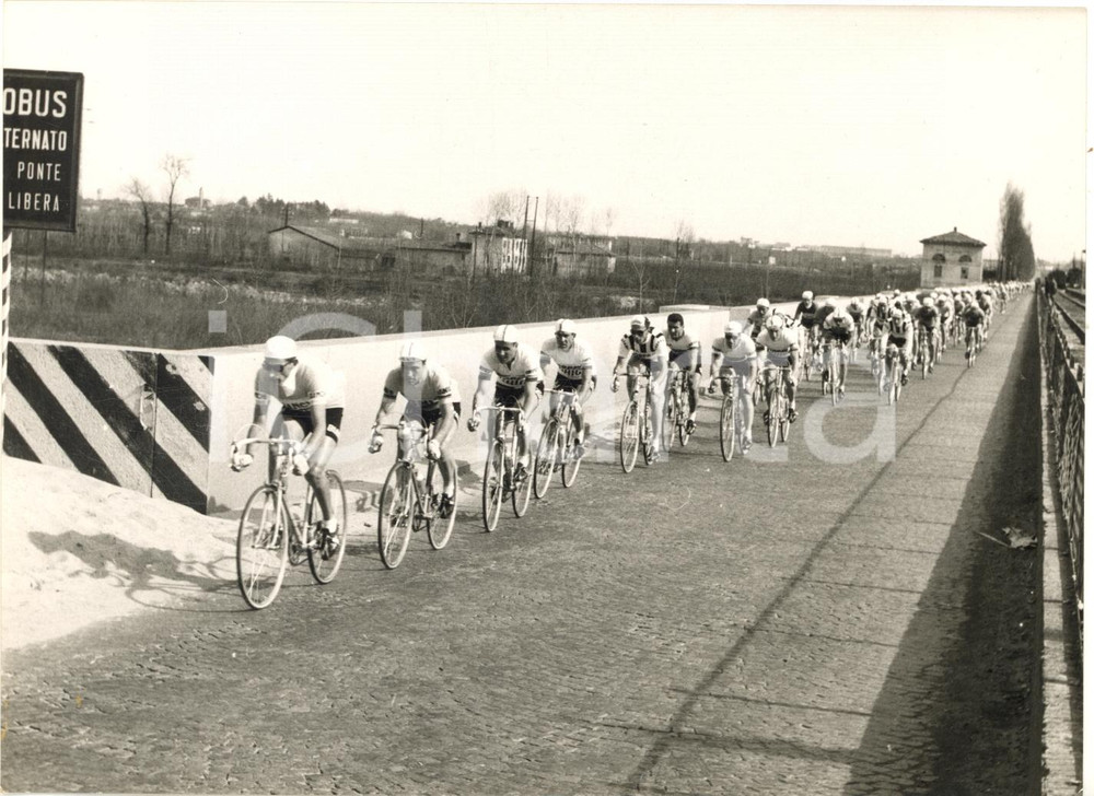 1958 CICLISMO MILANO-TORINO Fausto COPPI tira il gruppo *Foto 18x13 cm Fotografia d'epoca, con didascalia coeva al verso. CONDIZIONI: G (ma lievi graffi al lato destro)FORMATO: 18x13 cm  originale e autentica 1