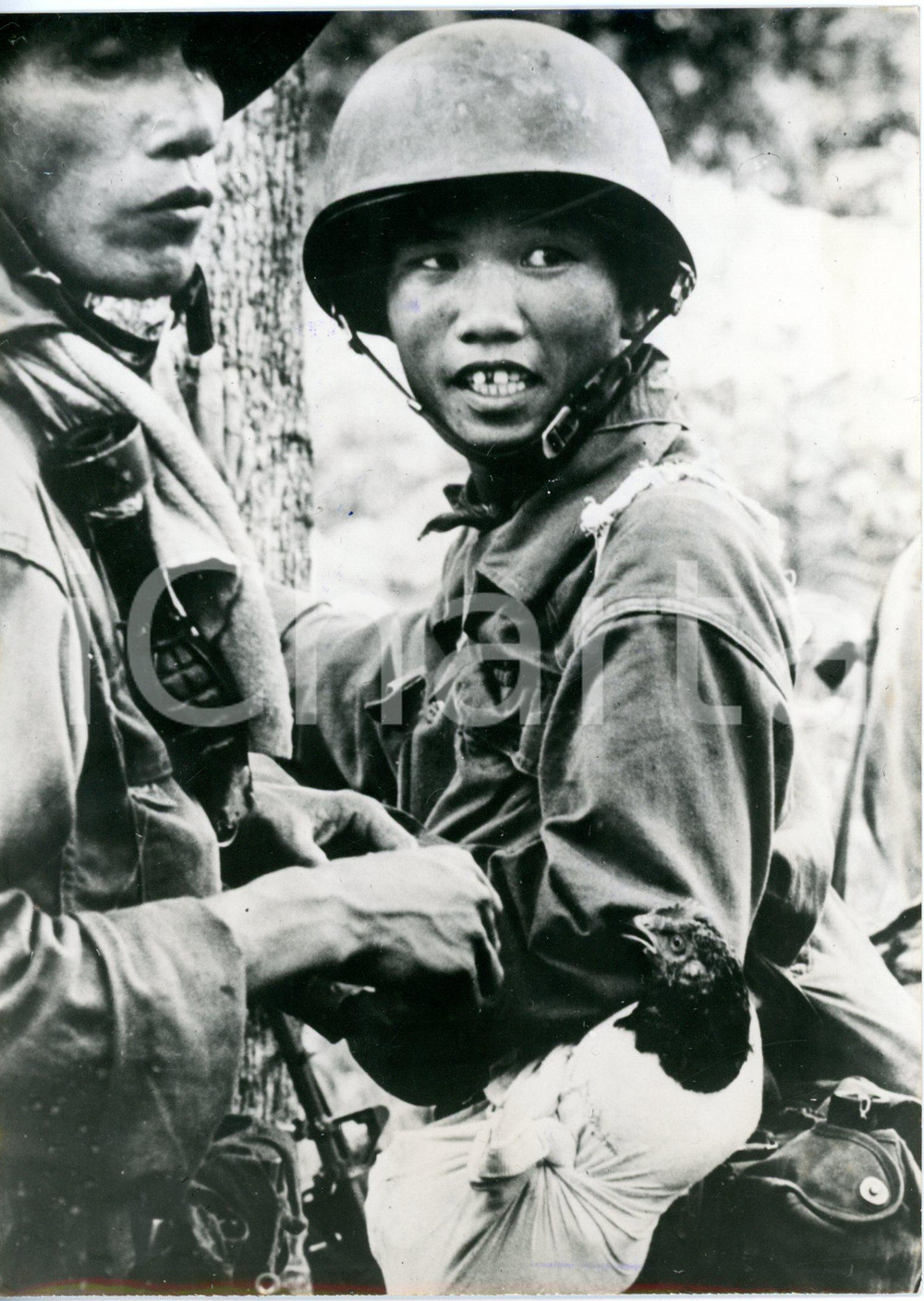 1962 GUERRA DEL VIETNAM Soldati vietnamiti con una gallina viva per cibo