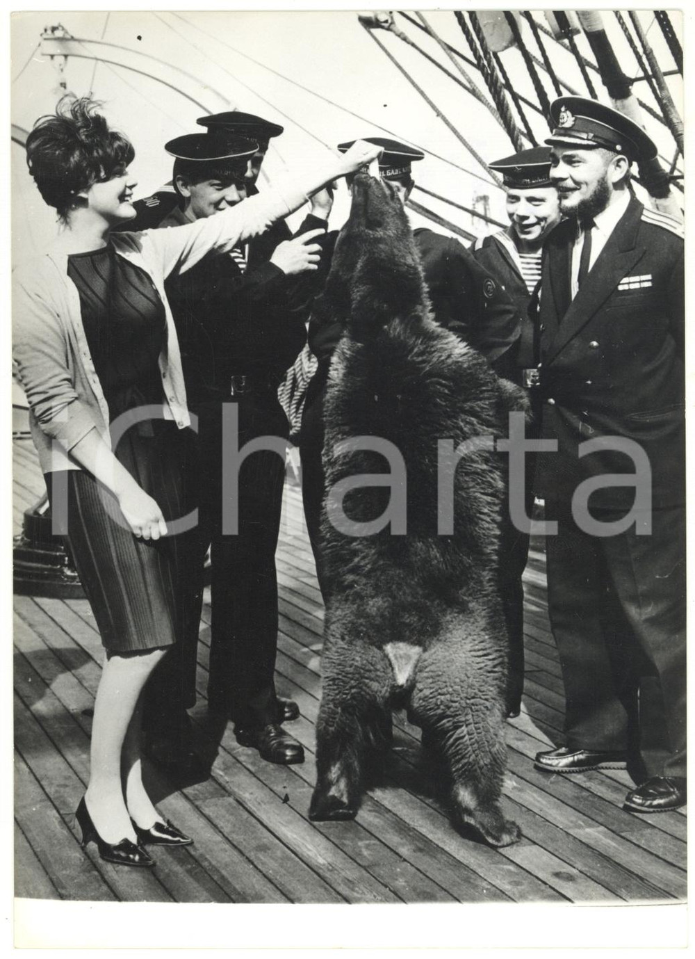 1965 GIBILTERRA Gillian GRINHAM con orso mascotte della nave russa KRUZENSHTERN