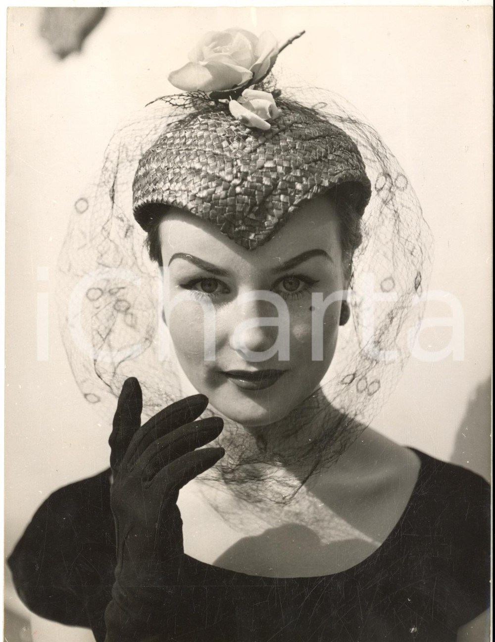1954 BERLIN FASHION Straw hat week - Hat with veil by BOROWSKY - Photo 15x20