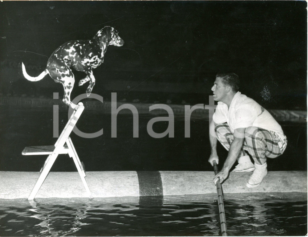 1953 DORTMUND - Bill FONTANA with his dog Peppy during the "Aqua Parade" show