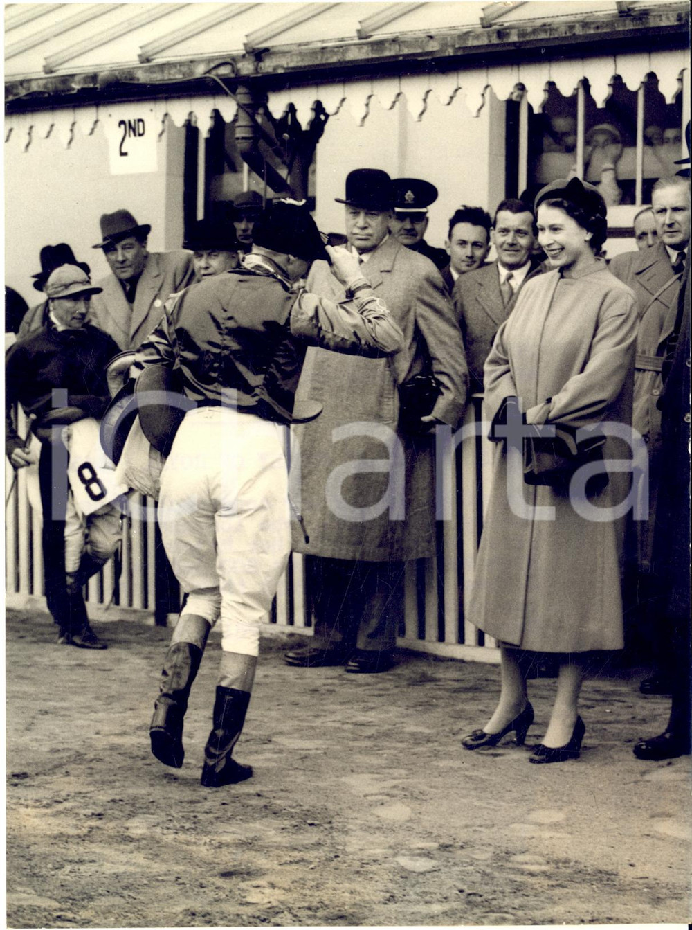 1956 2000 GUINEAS STAKES Queen Elizabeth smiles to jockey winner with her horse