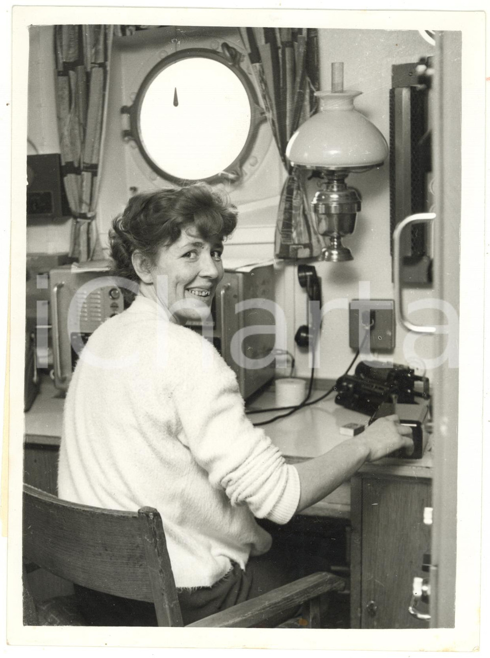 1961 TILBURY (UK) Lis BERTHELSEN in radio cabin aboard the Swedish cargo BRITTA
