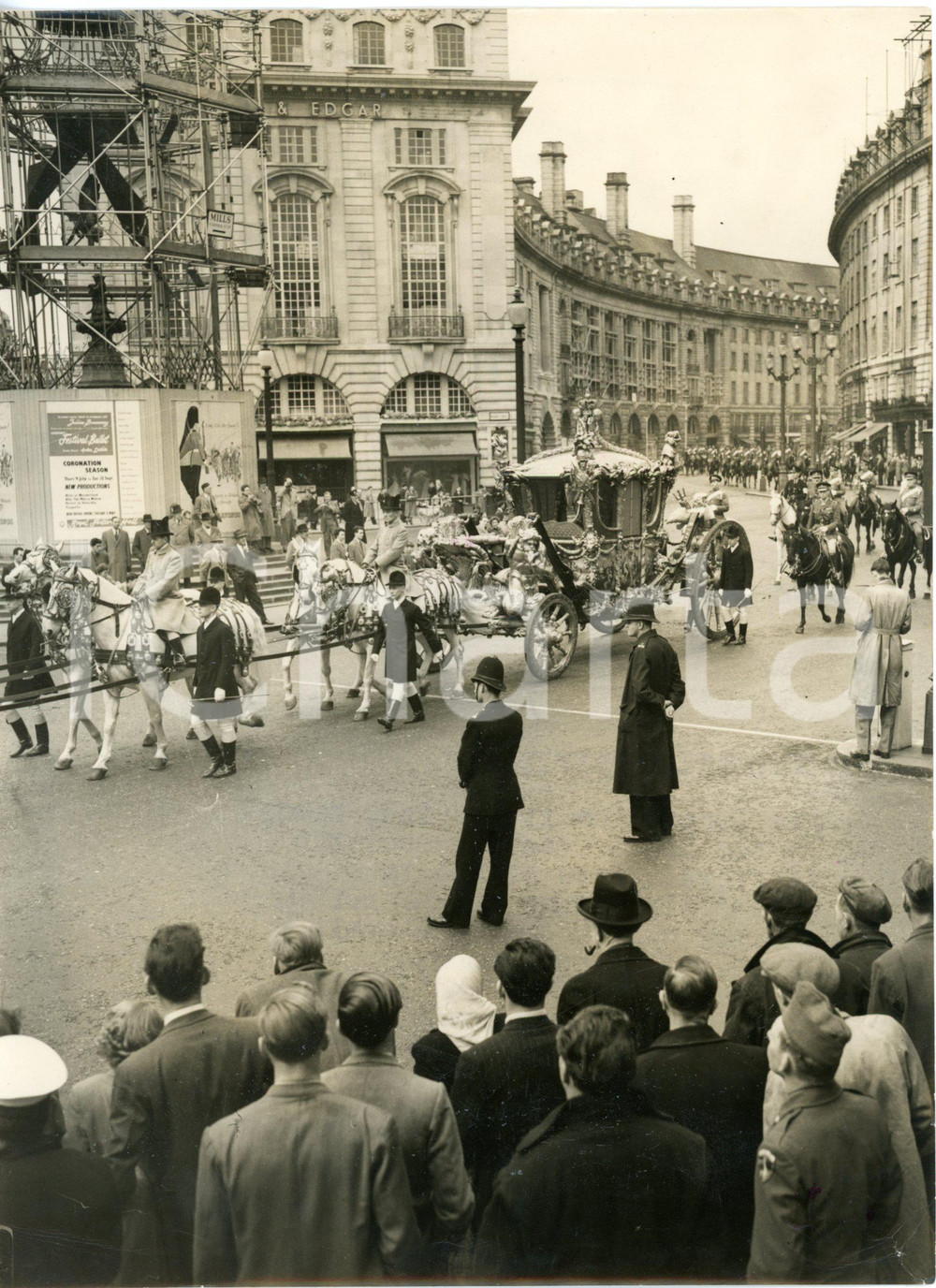 1953 LONDON Coronation rehearsal - State Coach procession in Piccadilly Circus