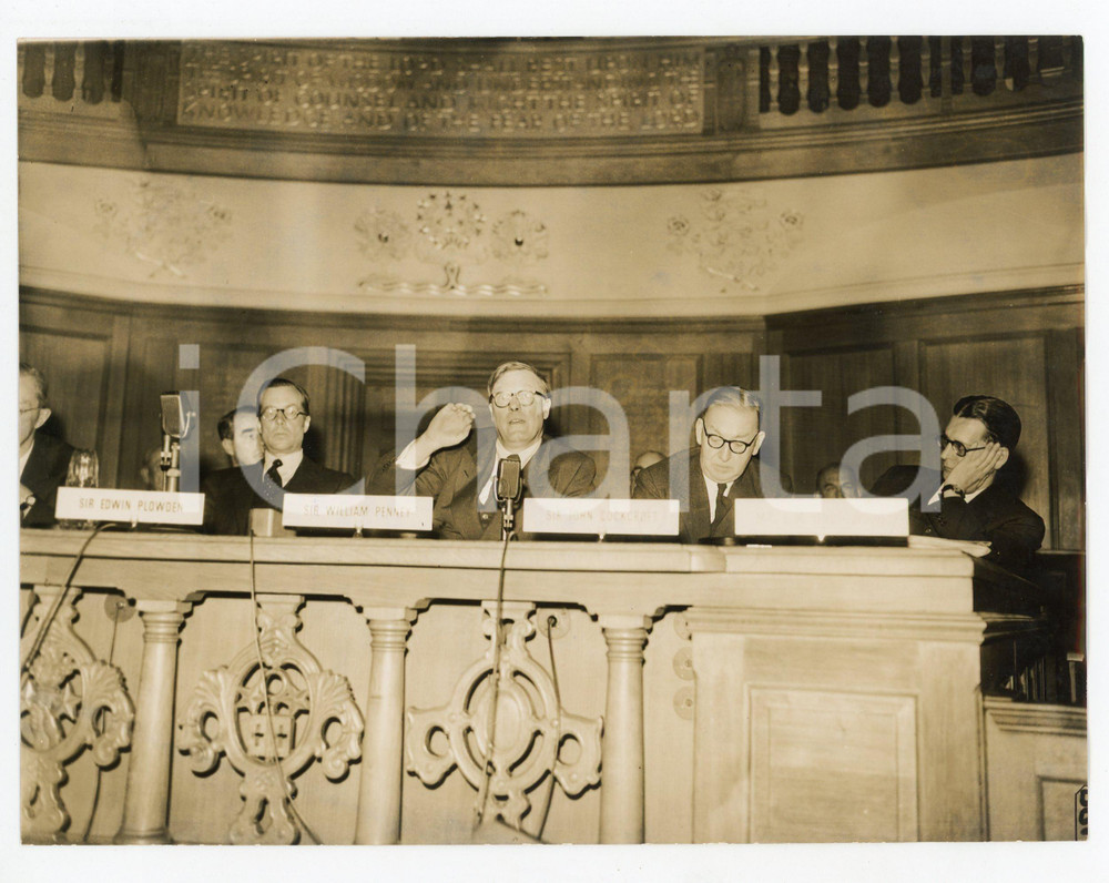 1957 LONDON William PENNEY speaking at press conference about Windscale accident