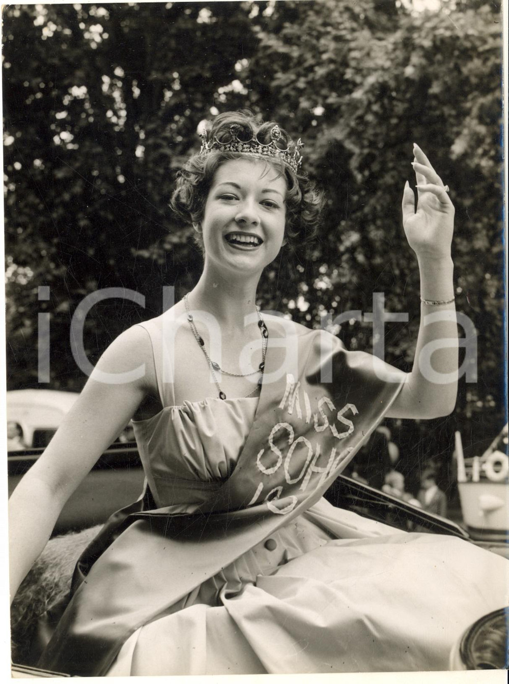 1958 LONDON Judith HOWARD new "Miss Soho" rides in Carnival procession *Photo