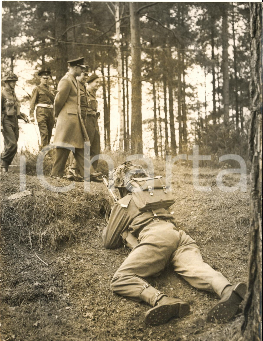 1958 PIRBRIGHT CAMP Camouflaged soldier looking Duke of Edinburgh during a visit