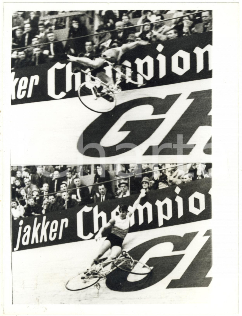 1961 COPENHAGEN CYCLING Emile EDELMAN hangs on to the barrier after an incident