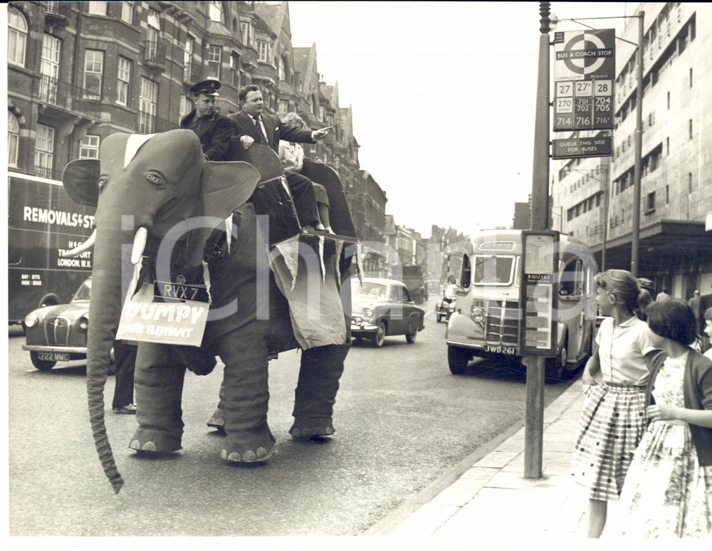 1958 LONDON Comedian Harry SECOMBE on a mechanical elephant *Photo 20x15