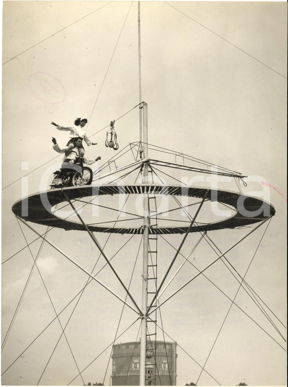1953 LONDON Battersea Festival - The THREE TORINIS on the motor cycle trapeze