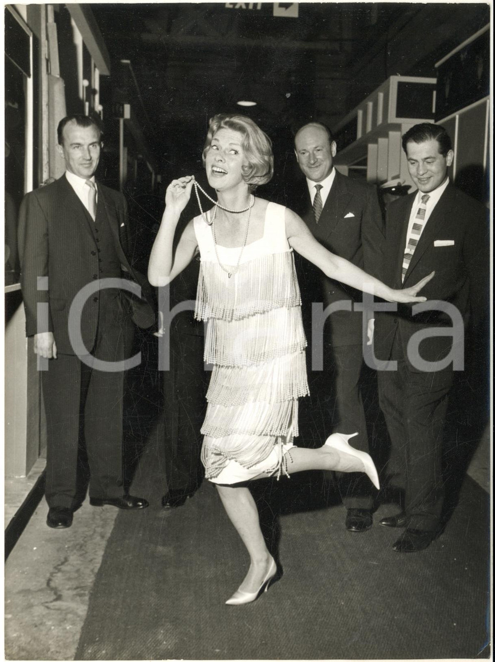 1960 LONDON Anne GRIERSON in a pearl dress at Watch and Jewellery Trade Fair