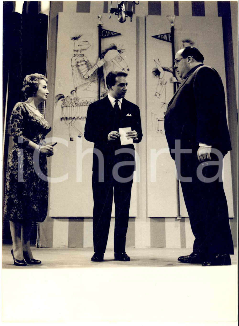 1958 SFIDA AL CAMPIONE Mike BONGIORNO con Gaddo TREVES e Adele GALLOTTI *Foto