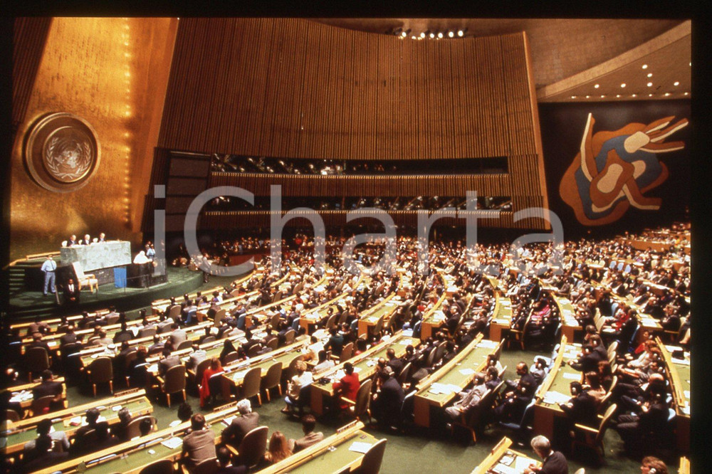 35mm vintage slide* 1995 NEW YORK Giovanni Paolo II at UNITED NATIONS (1)  Diapositiva d'epoca, in formato 35 mm.CONDIZIONI: GOODE' severamente vietata la riproduzione. Tutti i diritti sono riservati.Nella diapositiva ICharta mette in vendita, sul negozio eBay e in esclusiva sul sito "icharta" il proprio archivio composto da numerose diapositive e negativi fotografici d'epoca, tutti originali e autentici, che attraversano la storia del costume italiano tra gli la fine degli anni Sessanta e Novanta.Si tratta di uno sguardo inedito sull'attualit&agrave;, la politica, la vita quotidiana, il gossip e la cultura, che fotografa il cambiamento della nazione in quest'ultimo scorcio del XX secolo. Un'occasione unica per il mercato del collezionismo, che vede finalmente disponibile un archivio eccezionale per vastit&agrave;, tematiche e condizioni, in un settore (il negativo fotografico e la diapositiva) di assoluta novit&agrave; e dalle interessanti prospettive di investimento.  FAIR/discreto   originale e autentica 1