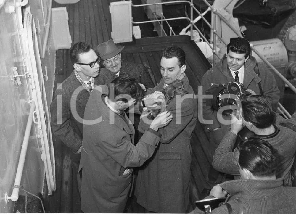 1958 GENOVA Giornalisti con il cagnolino di Orson Welles (3) Foto 24x18 cm 1958Fotografia vintage rara d'epoca.Timbro archivio Publifoto Genova al verso.FORMATO: 24x18 cm CONDIZIONI: FAIR (increspature marginali e difetti di stampa)ICHARTA mette in vendita le stampe vintage della collezione Publifoto Genova, per la maggior parte inedita o in tiratura di pochi esemplari. Si tratta di un'ottima opportunit&agrave; di investimento per i collezionisti di fotografie d'epoca.    originale e autentica 1