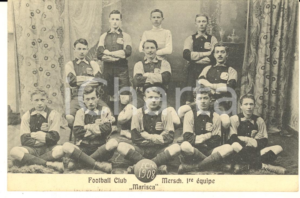 Cartolina originale da collezione 1910 MERSCH LUXEMBOURG Football Club Marisca Mersch 1re équipe RARE Postcard 1
