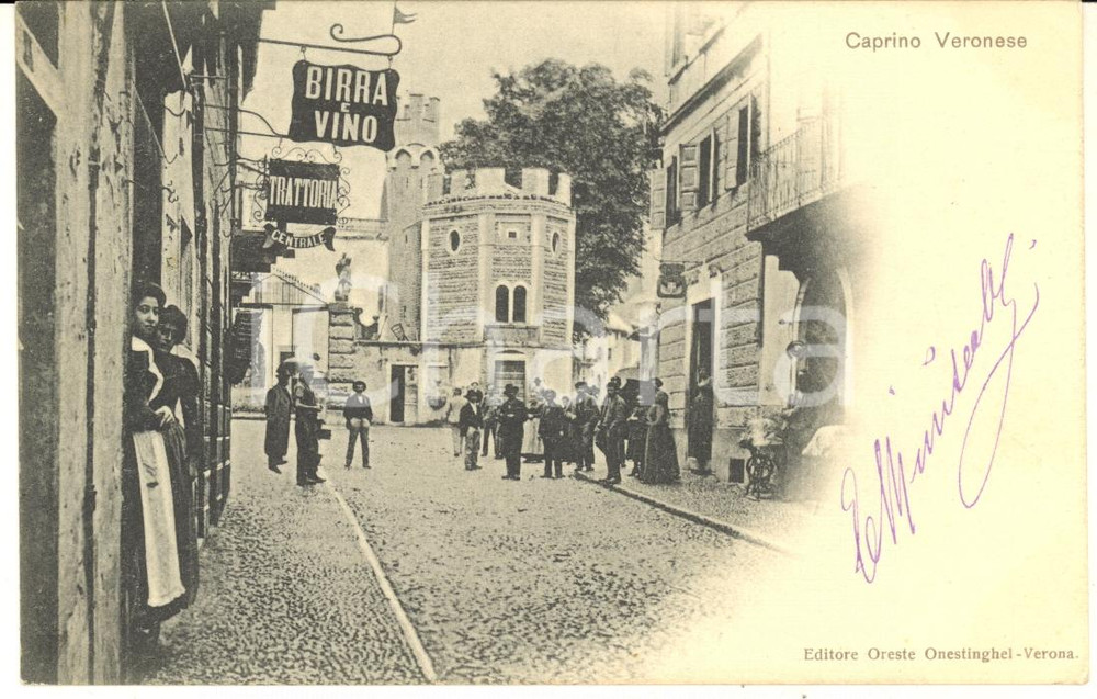 1901 CAPRINO VERONESE Veduta con Piazza Romana - Cartolina ANIMATISSIMA RARA FP  Rara e pregevole cartolina postale d'epoca, viaggiata, con la Trattoria Centrale visibile a sinistra.CONDIZIONI: GFORMATO: FP    originale e autentica 1