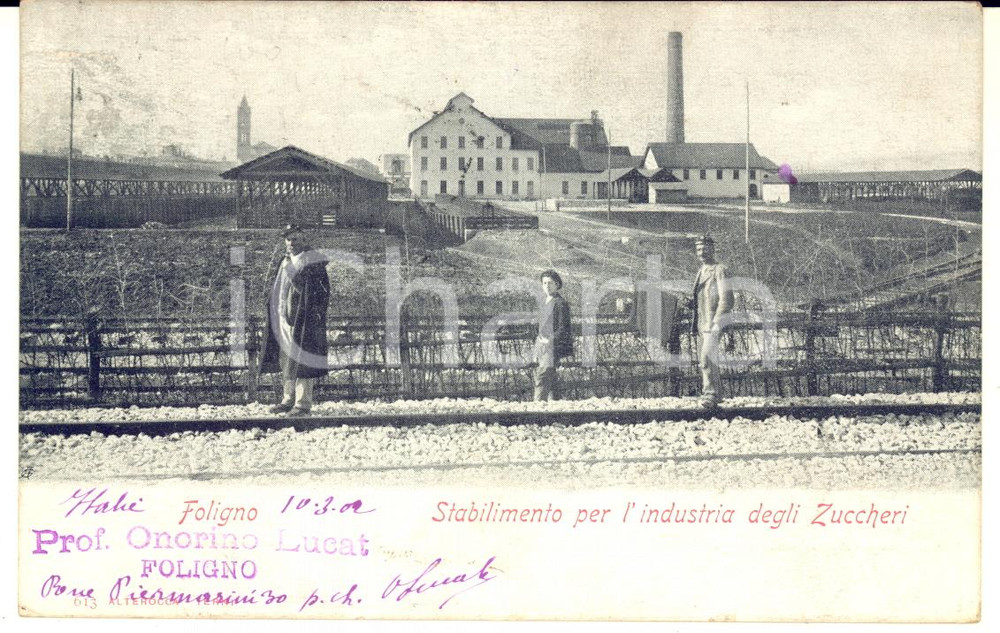 1902 FOLIGNO Stabilimento per industria degli zuccheri - Cartolina Onorino LUCAT  Cartolina postale d'epoca, animata, viaggiata.Timbro e messaggio autografo del prof. Onorino Lucat di Foligno.CONDIZIONI: FAIR (minime macchie)FORMATO: FP    originale e autentica 1