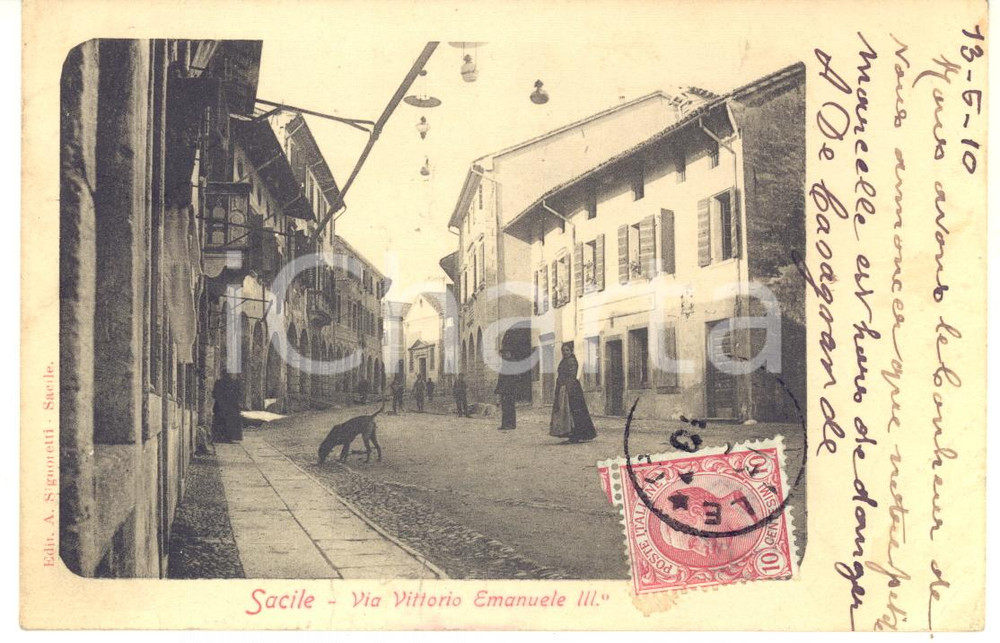 1910 SACILE (PN) Via Vittorio Emanuele III - Cartolina ANIMATA CANE RARA FP VG  Rara cartolina postale d'epoca, viaggiata.Inviata da A. De Casagrande.CONDIZIONI: FAIR (lievi piegature al lato destro)FORMATO: FP    originale e autentica 1