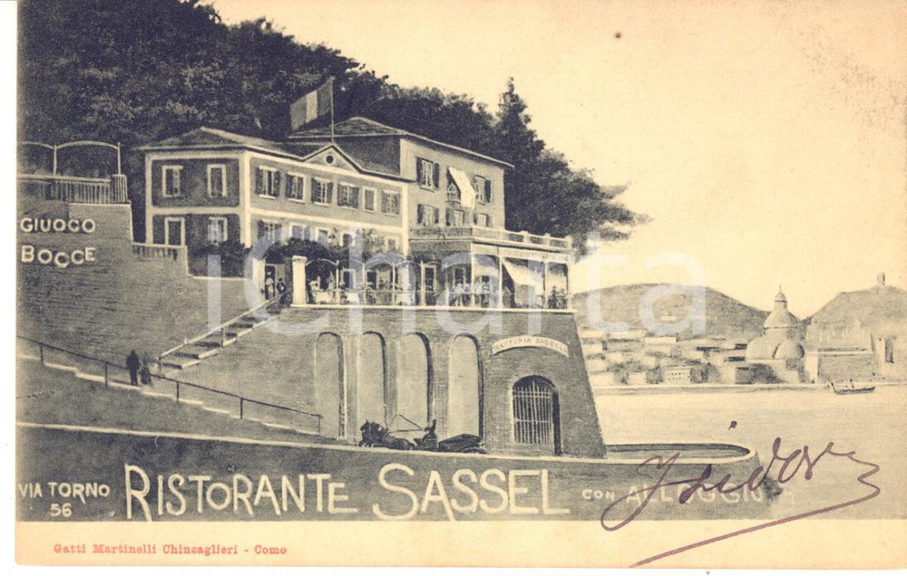 1915 ca COMO via Torno 56 - Ristorante SASSEL - Cartolina ANIMATA carrozza FP  Rara cartolina postale d'epoca, non viaggiata.CONDIZIONI: G (minima macchia al magine superiore)FORMATO: FP    originale e autentica 1