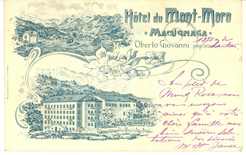 1903 MACUGNAGA Hotel du MONT-MORO di Oberto Giovanni - Cartolina ILLUSTRATA FP  Cartolina postale d'epoca, viaggiata.CONDIZIONI: G (minimi ingiallimenti al lato destro)FORMATO: FP    originale e autentica 1