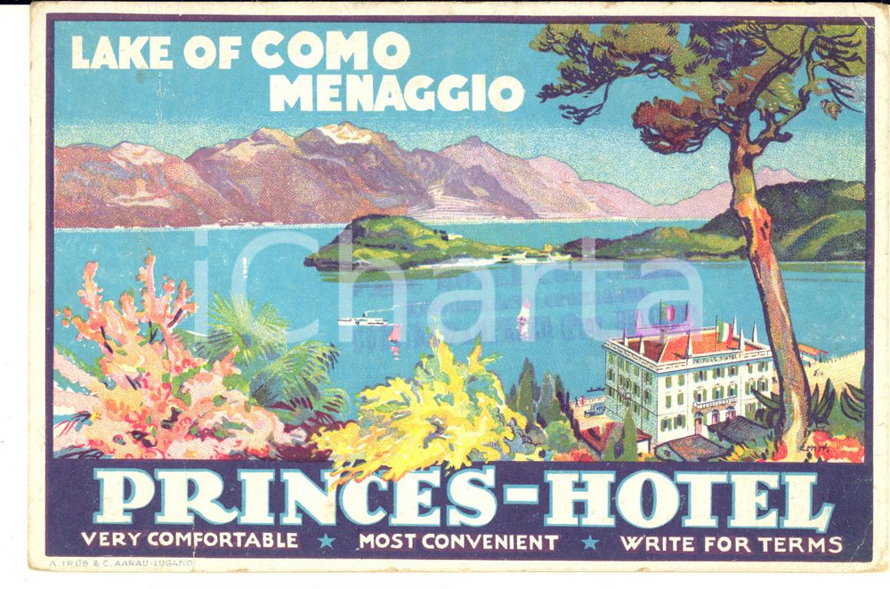 1925 ca MENAGGIO Lago di COMO - PRINCES Hotel - Cartolina illustrata FP NV  Cartolina postale d'epoca, illustrata, non viaggiata.E' visibile al centro il timbro dell'Hotel Concordia di Cortina d'Ampezzo.CONDIZIONI: FAIR (piegatura al margine inferiore; minime piegature angolari)FORMATO: FP    originale e autentica 1