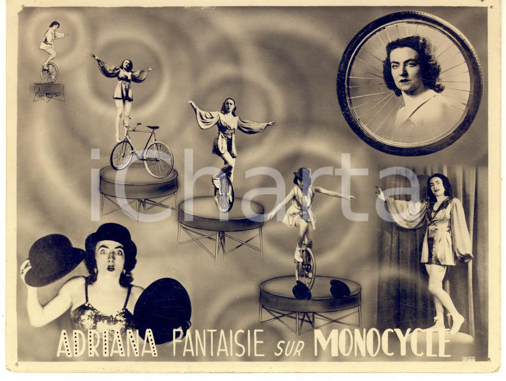 1950 ca CIRQUE BELGIQUE - ADRIANA - Fantaisie sur monocycle *Photo collage 17x13  Fotografia seriale realizzata mediante collage di diverse immagini.CONDIZIONI: FAIR (fori di affissione agli angoli)FORMATO: 17x13 cm    originale e autentica 1