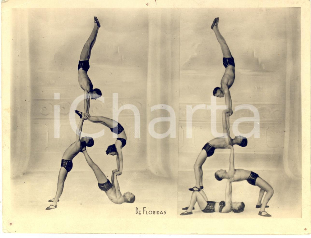 1930 ca CIRQUE BELGIQUE - Acrobats DE FLORIDAS - Vintage photo collage 16x12 cm  Fotografia seriale realizzata mediante collage di diverse immagini.CONDIZIONI: POOR (fori di affissione e piegature agli angoli)FORMATO: 16x12 cm    originale e autentica 1