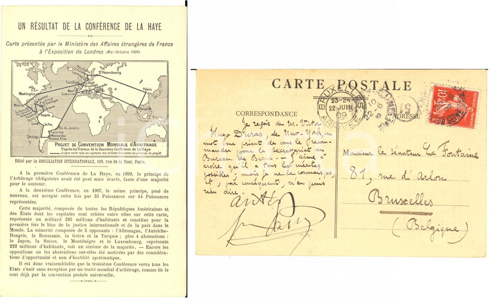 Autografo originale 1909 NEUILLYSURSEINE FrÃ©dÃ©ric PASSY au sÃ©nateur LA FONTAINE  Carte AUTOGRAPHE 1
