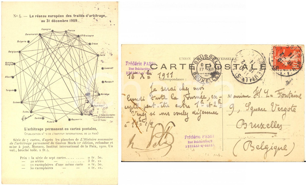 1911 NEUILLY-SUR-SEINE Frédéric PASSY au sénateur LA FONTAINE - Carte AUTOGRAPHE  Cartolina postale autografa del noto politico ed economista francese Fr&eacute;d&eacute;ric Passy, che invita a pranzo a casa propria il senatore belga Henri Marie La Fontaine. La cartolina reca al recto un'illustrazione della serie "L'arbitrage permanent en cartes postales" (n&deg; 4) ed &egrave; viaggiata.CONDIZIONI: FAIR (impressione dell'inchiostro al recto)FORMATO: FP    originale e autentica 1