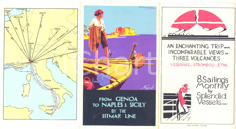 1930 SITMAR LINES Genoa-Naples-Sicily - Vintage brochure RARE ill. MALUGANI  Raro pieghevole pubblicitario, illustrato a colori, con pregevole immagine di Malugani in copertina.CONDIZIONI: G PAGINE: 6 facciateFORMATO: 9x14 cm    originale e autentica 1