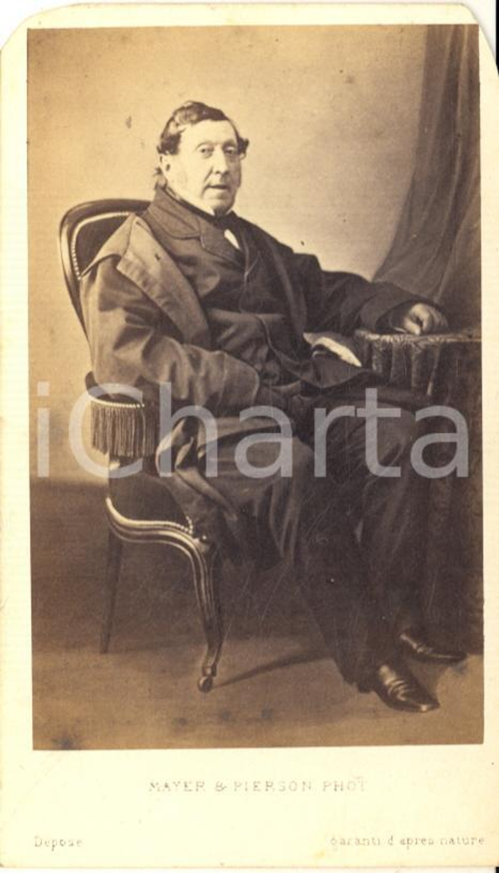 1860 ca Ritratto di Gioacchino ROSSINI- Foto vintage CDV MAYER & PIERSON  Fotografia originale d'epoca.FOTOGRAFO: Mayer &amp; Pierson - ParisCONDIZIONI: G (margini arrotondati per l'inserimento in un album)FORMATO: CDV    originale e autentica 1