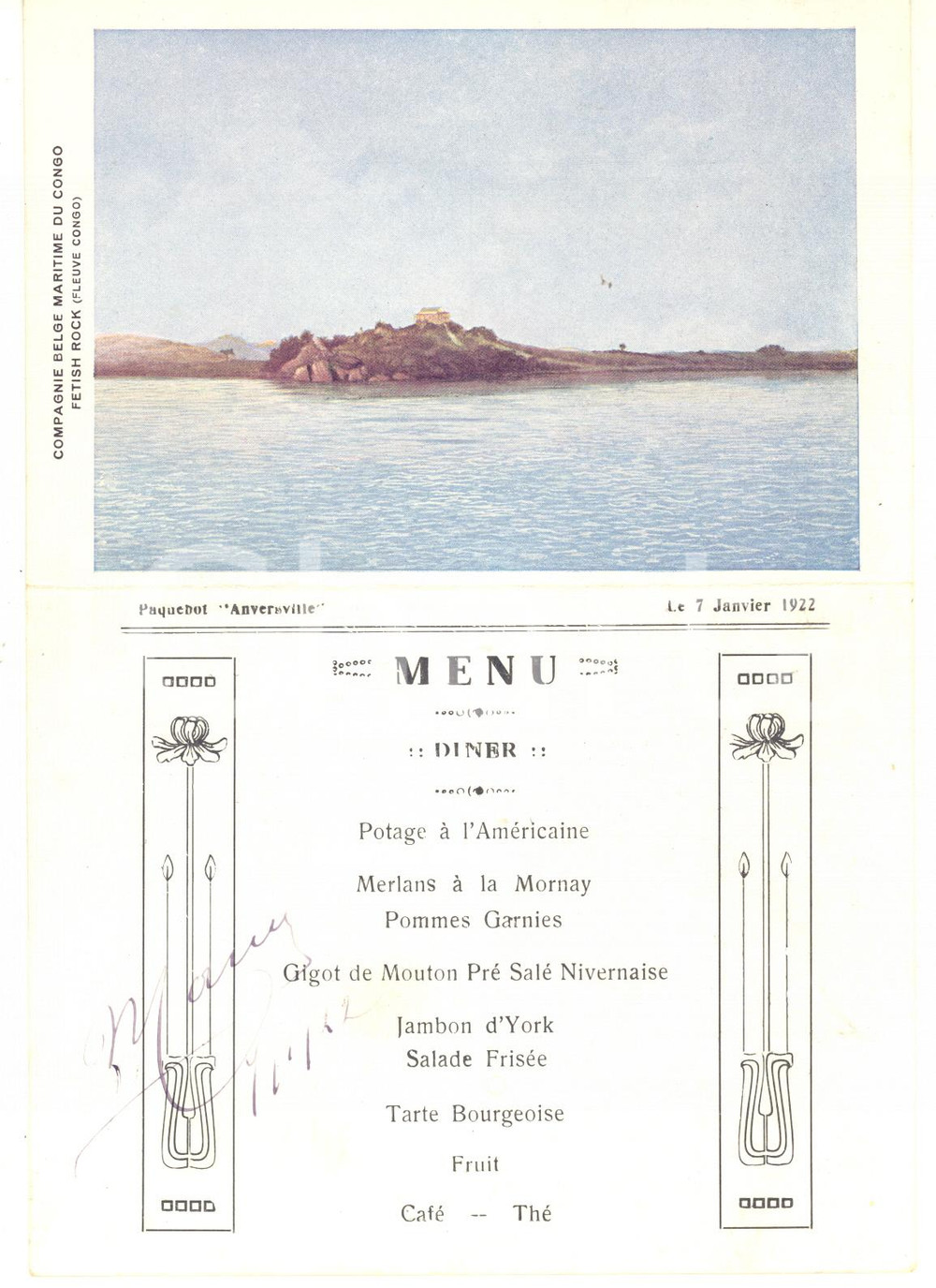 1922 Compagnie Belge Maritime du CONGO Paquebot ANVERSVILLE *Menu diner vintage  Men&ugrave; d'epoca, su cartoncino e in formato biglietto, per la data del 7 gennaio 1922.Illustrazione "Festish rock (Fleuve Congo)".Programma del concerto al versoCONDIZIONI: FAIR (lievi piegature angolari)FORMATO: 14x20 cm (aperto)    originale e autentica 1
