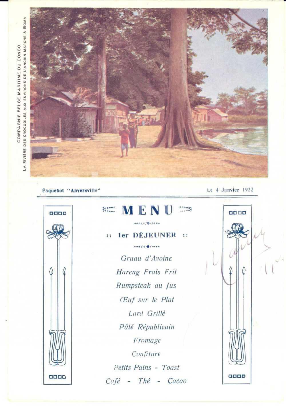1922 Compagnie Belge Maritime du CONGO Paquebot ANVERSVILLE *Menu déjeuner  Men&ugrave; d'epoca, su cartoncino e in formato biglietto, per la data del 4 gennaio 1922.Illustrazione "La rivi&egrave;re des crocodiles aux environs de l'ancien march&eacute; &agrave; Boma".CONDIZIONI: GFORMATO: 14x20 cm (aperto)    originale e autentica 1