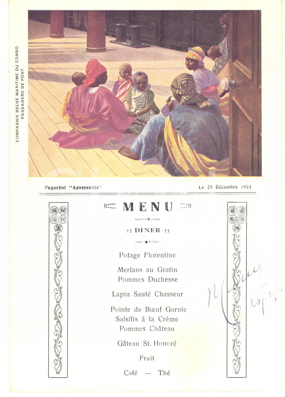 1921 Compagnie Belge Maritime du CONGO Paquebot ANVERSVILLE *Menu diner vintage  Men&ugrave; d'epoca, su cartoncino e in formato biglietto, per la data del 26 dicembre 1921.Illustrazione "Passagers du pont".Programma del concerto al verso.CONDIZIONI: FAIR (lievi piegature marginali e ondulature)FORMATO: 14x20 cm (aperto)    originale e autentica 1