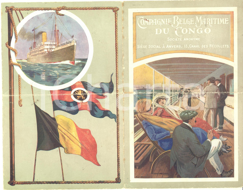 1913 ANVERS Cie Belge Maritime du CONGO - Vapeur ALBERTVILLE - Liste passagers  Pieghevole d'epoca, contenente la lista dei passeggeri salpati da Anversa il 29 novembre 1913.Illustrato a colori.CONDIZIONI: VERY POOR (profonda piegatura centrale d'epoca, piccolo residuo cartaceo e lievi macchie)FORMATO: 12x19 cmPAGINE: 6 facciate    originale e autentica 1